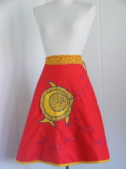 HOLIDAY SALE/// 70's red and yellow wrap skirt with fish and mice