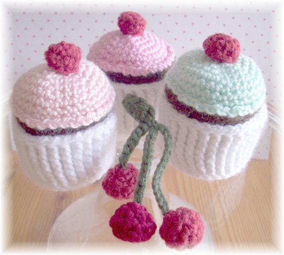 Crochet Cherry Cupcakes with removable Wrappers...PDF Pattern