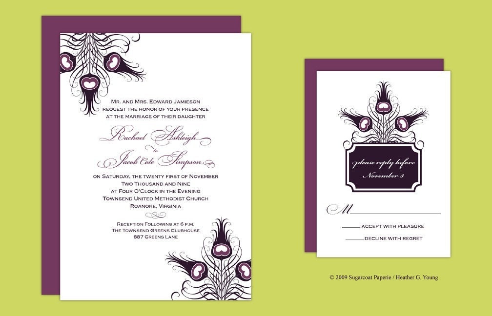 Elegant Purple Peacock Wedding Invitation Set Sample