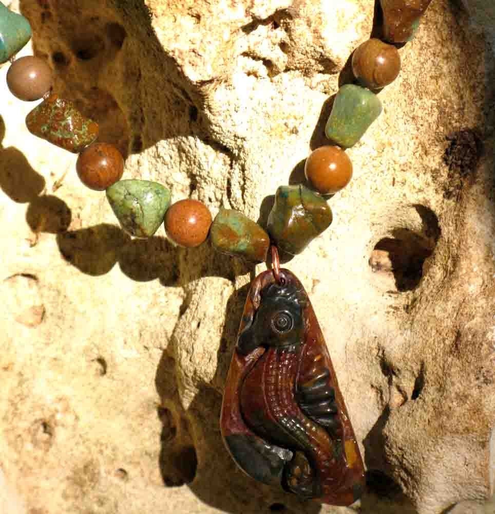 Jasper Seahorse with Turquoise and Wood Jasper