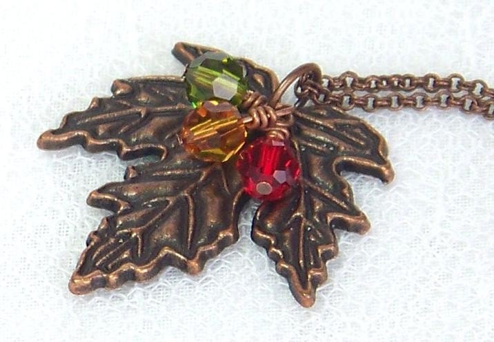 Antiqued Copper Maple Leaf Necklace With Topaz, Olive Green And Red Swarovski Crystals