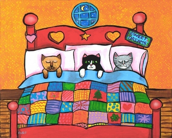 Kitties in Bed with Quilt- print