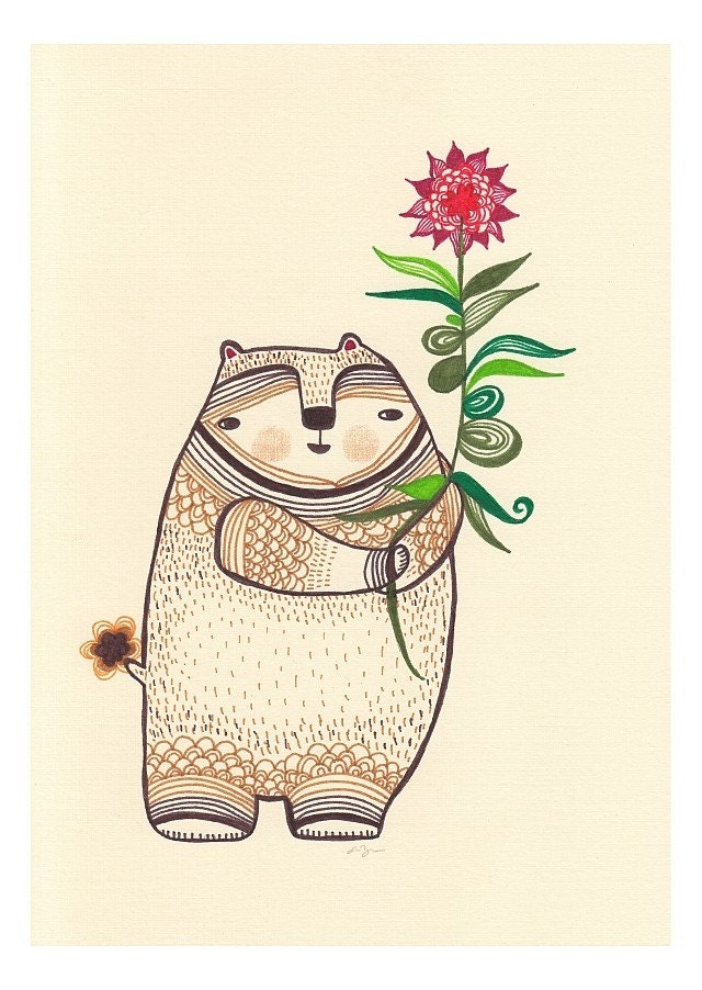 bear-like thing with a very nice flowering plant - 8x10 print