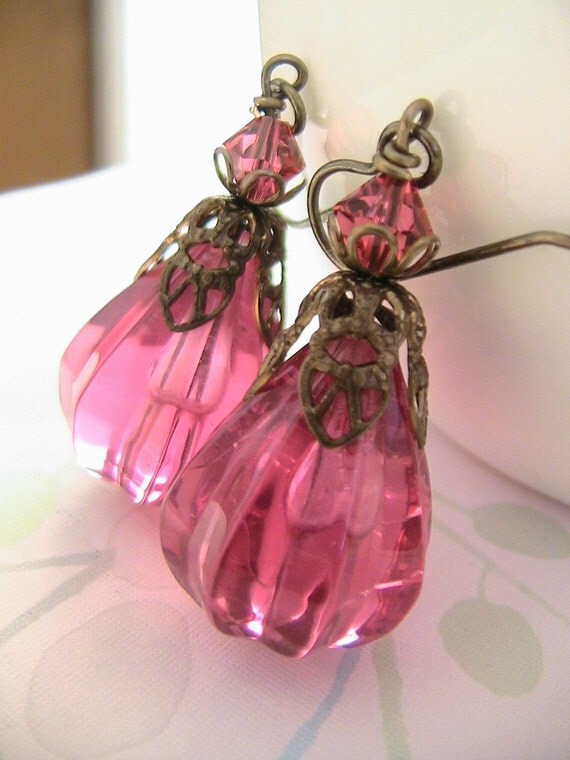 Spice of Life Earrings - Vintage Lucite, Rose Swarovski Crystal and Vintaj Brass