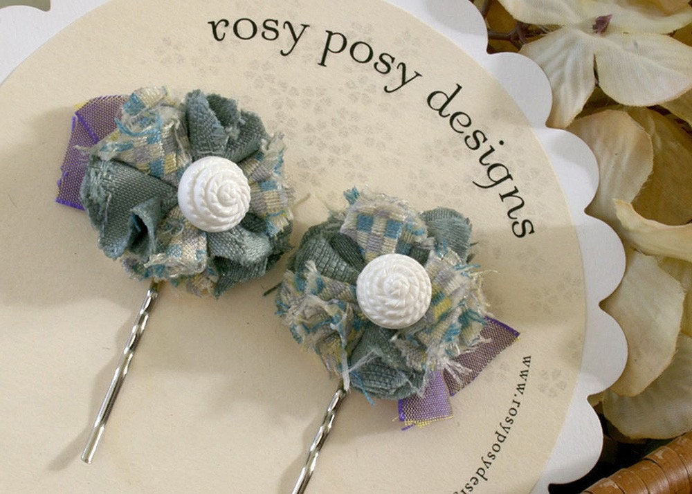 Floral Hair Bobby Pins in Light Turquoise Blue with Vintage Seashell Buttons