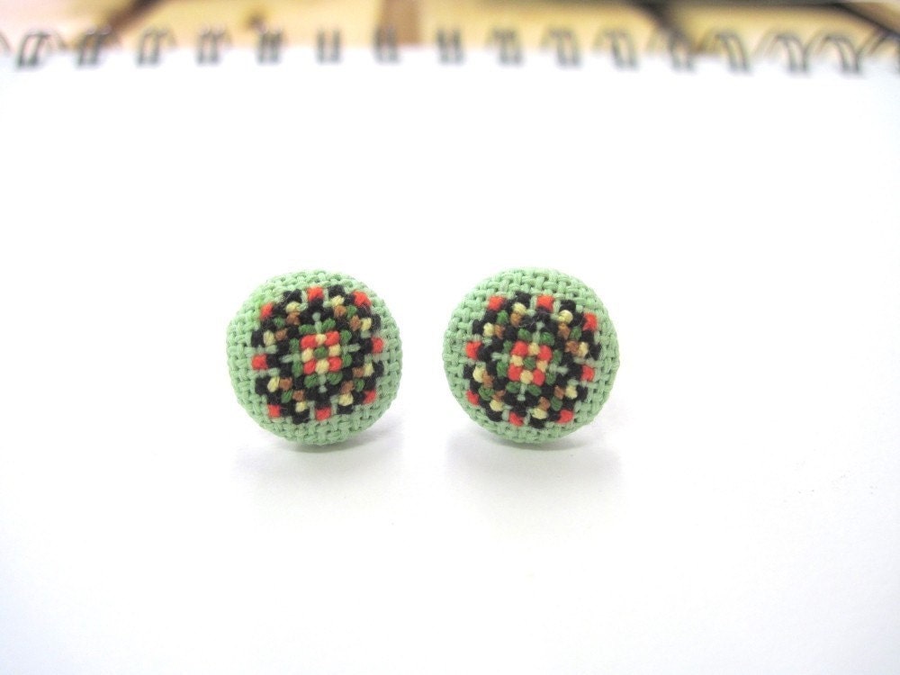 Green Folk on Green Cross Stitch Earrings