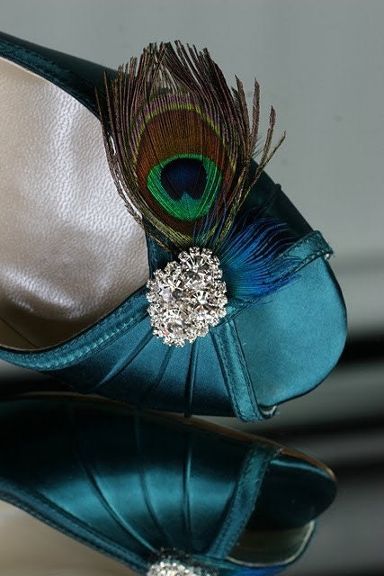 Peacock Teal One Inch Wedge Heels Pick Your Own Rhinestone Bling