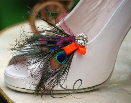 Shoe Clips Double Peacock Feathers Tangerine Bride Bridal Birthday Party 