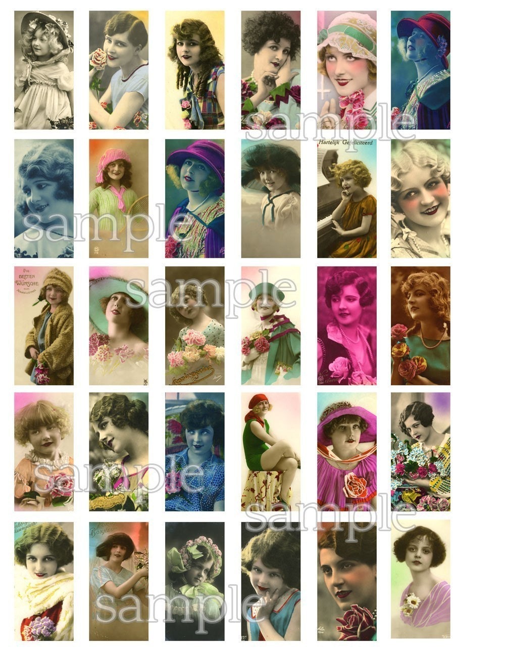 Antique Postcard Women digital collage sheet mixed media altered art 1x2 inch 25mm x 50mm