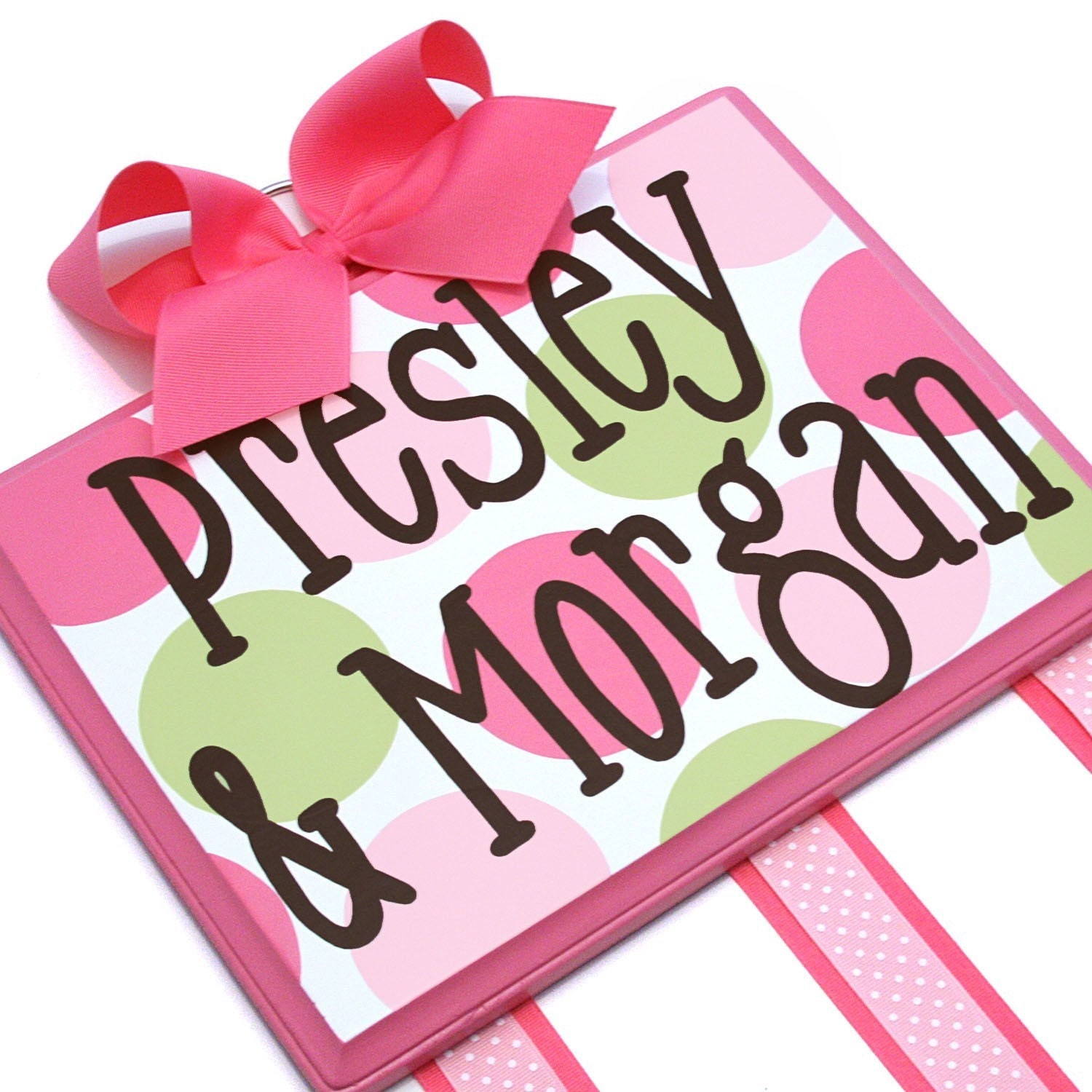 Personalized Double Name Pink & Green Jumbo Dots Large Hair Bow Holder-personalized, dots, bow, hair, holder, accessories