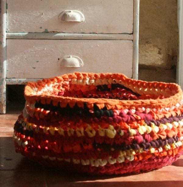 Crochet basket sexy, red  recycled fabric  with plastic bag yarn