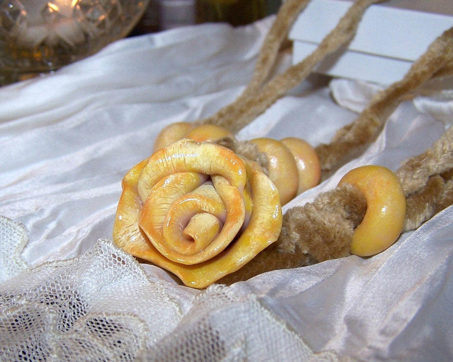 FAMILIAR LOVE YELLOW ROSE BUD NECKLACE - OOAK - POLYMER CLAY-- Free Ship to USA