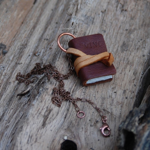 Book Necklace: Large, classic brown, vintage leather, personal and tied.