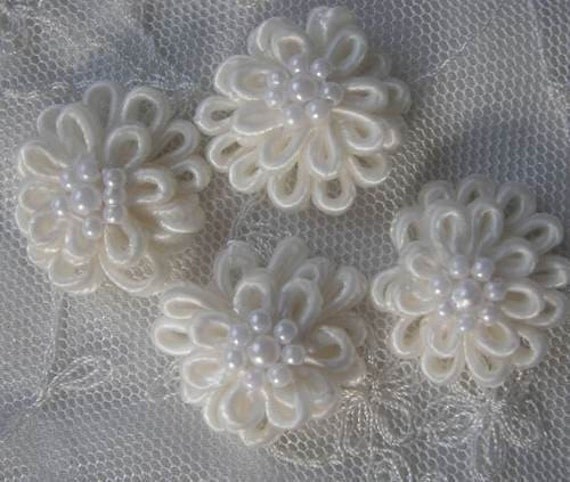 Flowers 12pc Shabby Chic Baby Doll Cream satin soutache ribbon cord w pearl