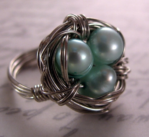 Robin's Egg Nest Ring made with CUSTOM pearl COLOR and SIZE (nontarnish silver wire and pearls)