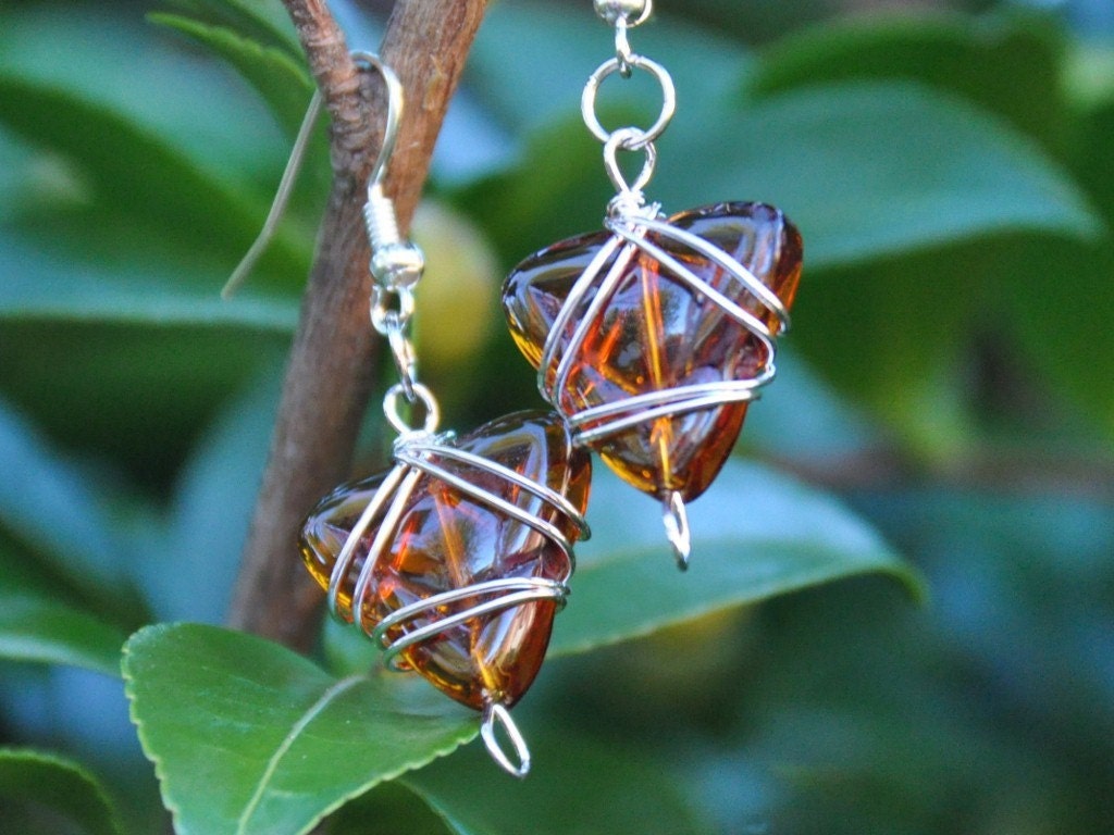 Dark amber ale glass dangle earrings