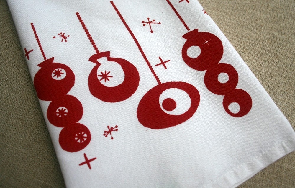 Retro Holiday Ornament Tea Towel in Red, Hand Screen Printed