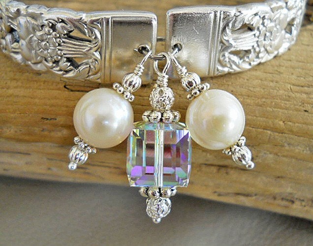 Spoon Bracelet - Coronation Silver Plated Spoon Bracelet with Genuine Pearls and Swarovski Cube