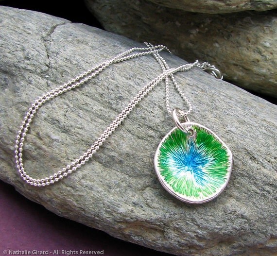 Handmade Necklace Enameled Fine Silver Glass Meditation Gazing Pool Forest Earth Green Blue on Sterling Silver Ball Chain - Earth No. 2