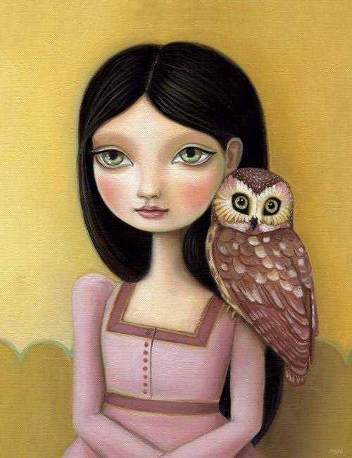 Girl and owl - Evelyn LARGE print 11x14 on premium matte - woodland pop surrealism by Marisol Spoon