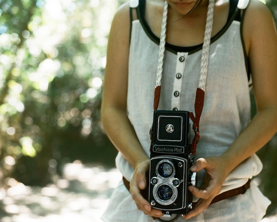 Handmade 5-strand braid red n white leather camera strap