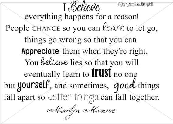 Marilyn Monroe Quote 15x19 I Believe Everything Happens for a Reason 61 