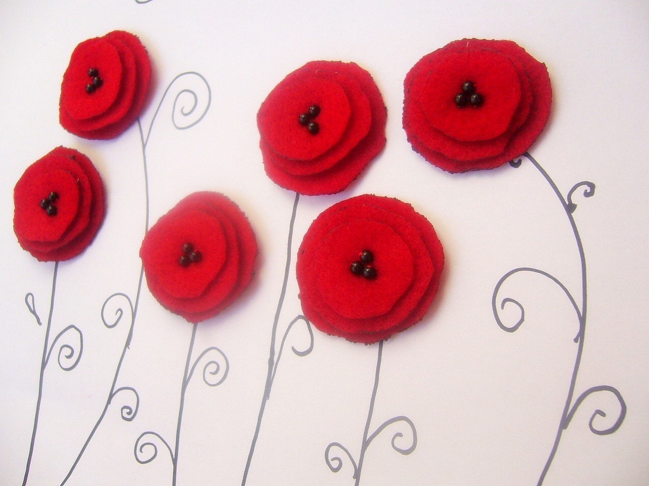 6 Red felt flower applique handmade poppy sew on embelishment glue on