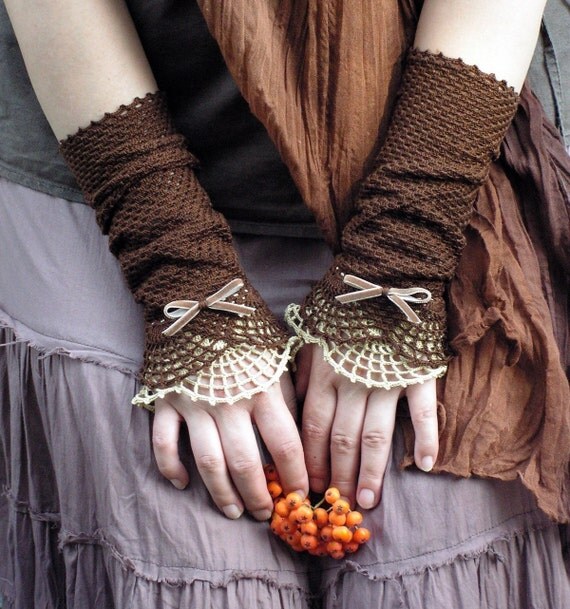 Miss Eyre - crocheted open work lacy wrist warmers cuffs