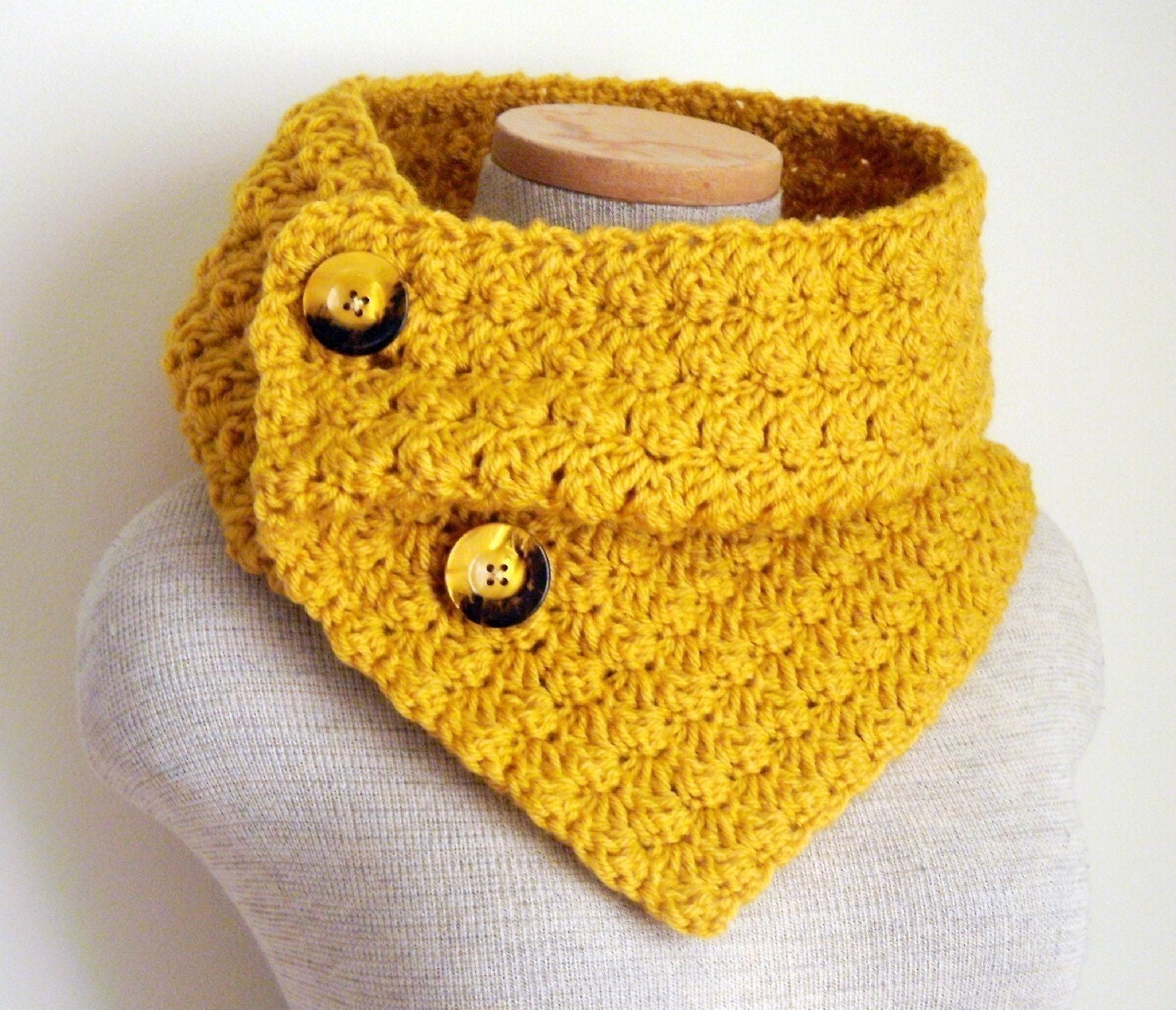 Yellow Mustard Cowl Scarf Neckwarmer with Vintage Buttons