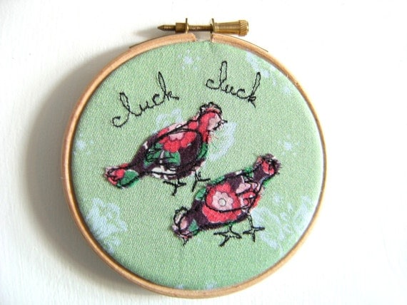 Embroidery Hoop Art - 'Clucking chickens' Textile illustration in green - 4" hoop