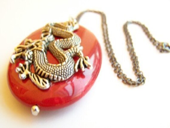 Year of the Dragon - Lunar New Year Necklace - DRAGON - Gunmetal Chain, Red Stone, & Chinese Dragon Fashion Jewelry
