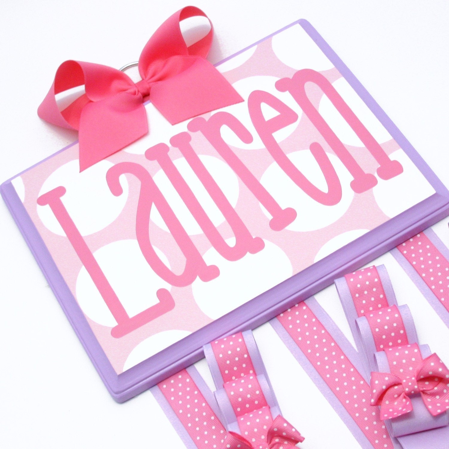 Personalized Lavender & Pink Jumbo Dots Hand-Painted Hair Bow Holder-personalized, dots, bow, hair, holder, accessories