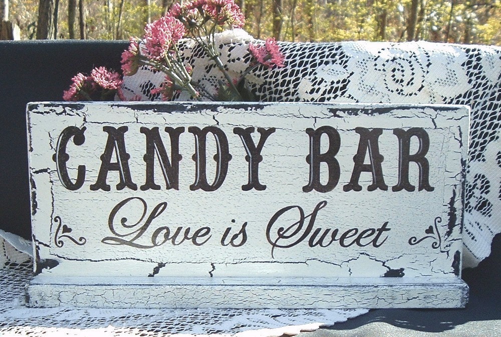 Hand Painted Wedding Sign Candy Bar Shabby Cottage Wood Sign Love is Sweet 13 x 5 and 1/2