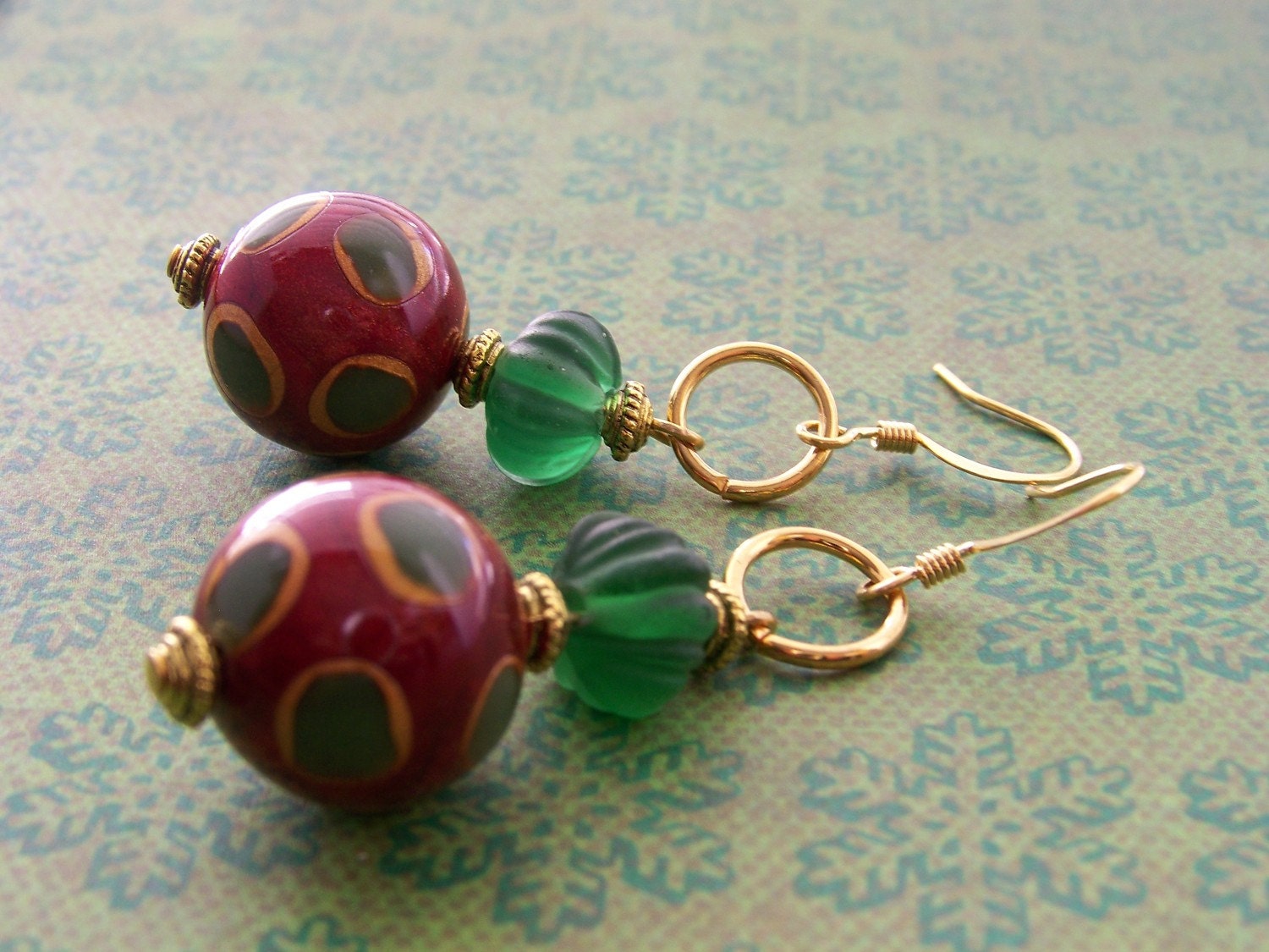earrings GALA polymer clay beads with matte green glass Christmas - FREE SHIPPING