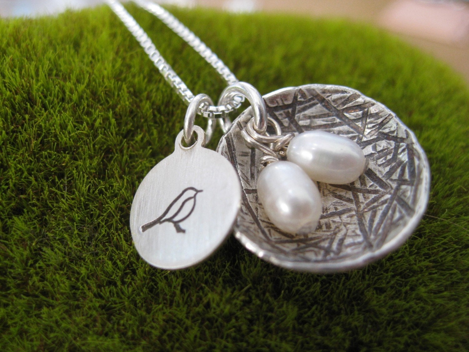 Personalized Hand Stamped Sterling Silver Mama Bird Nest Necklace READY TO SHIP