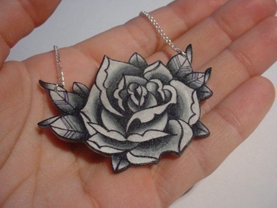big vintage black and white surreal tattoo rose necklace From wickedminky