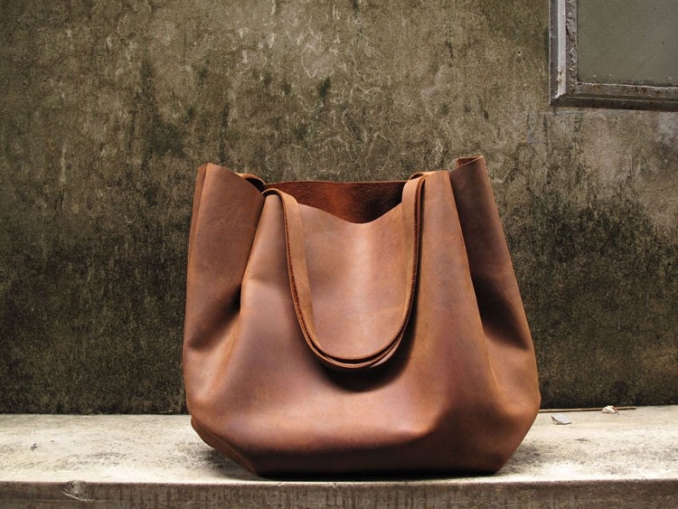 Hand-stitched Brown Leather Double Strapped Shoulder Bag - featured on front Page of Etsy