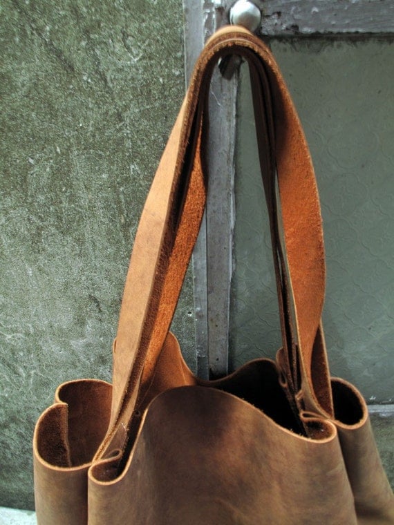 Hand-stitched Brown Leather Double Strapped Shoulder Bag - featured on front Page of Etsy