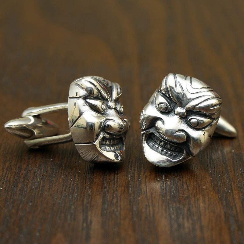 Japanese Theater Mask Cufflinks, Sterling SIlver