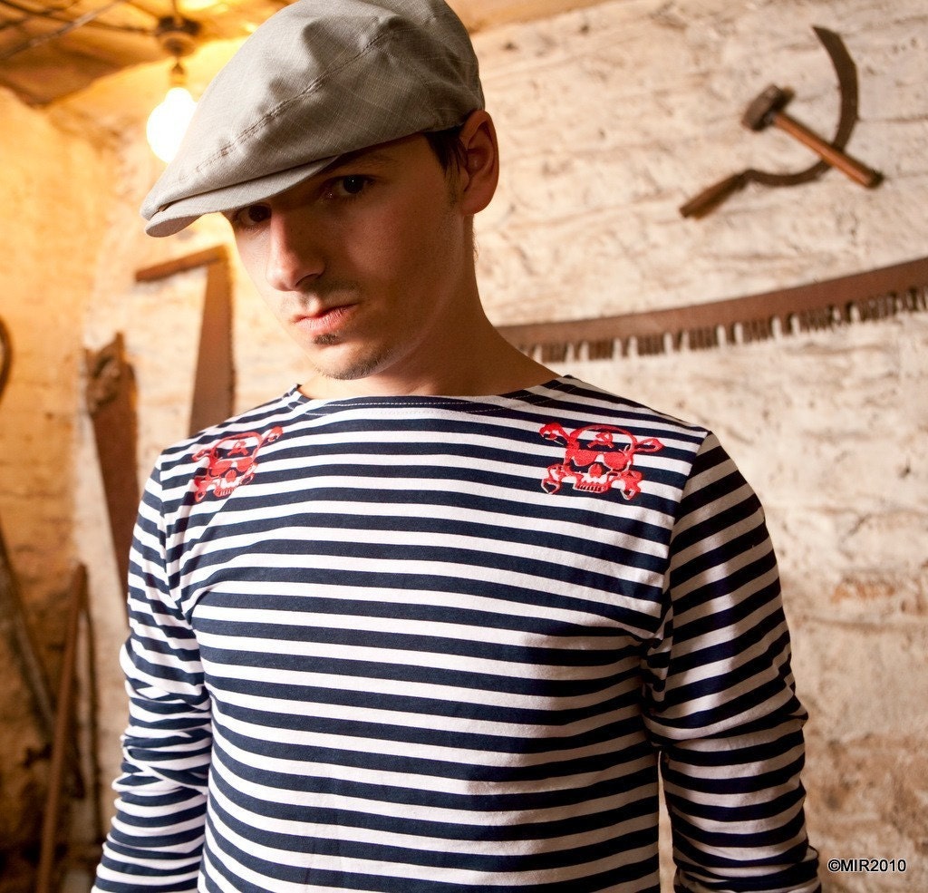 MIR536 Red  Skulls Telnyashka L/S / Sailor / Nautical / Navy / Striped Long Sleeve  Shirt