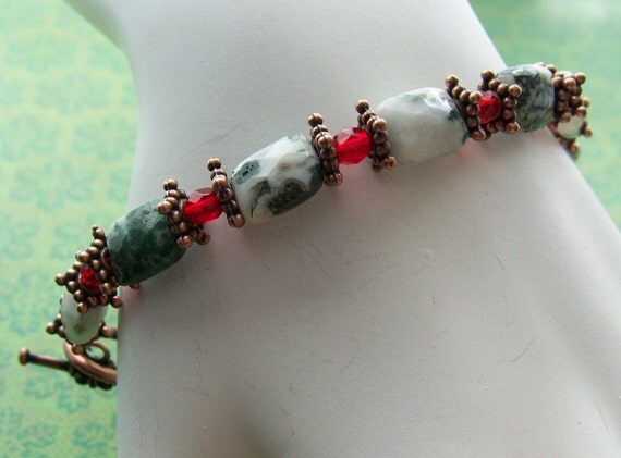 bracelet WINTERGREEN tree agate and red glass beads with copper - FREE SHIPPING