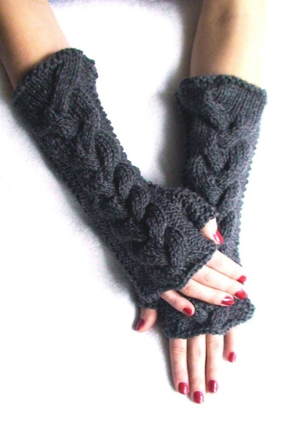 Grey Fingerless Gloves Wrist Warmers, Cabled, Extra Long and Soft, Grey