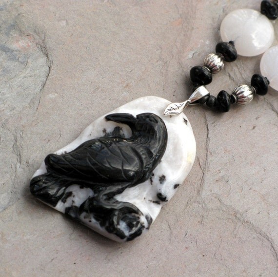 Moon Raven, Agate Raven Pendant with Snow Quartz, Black Agate and Sterling