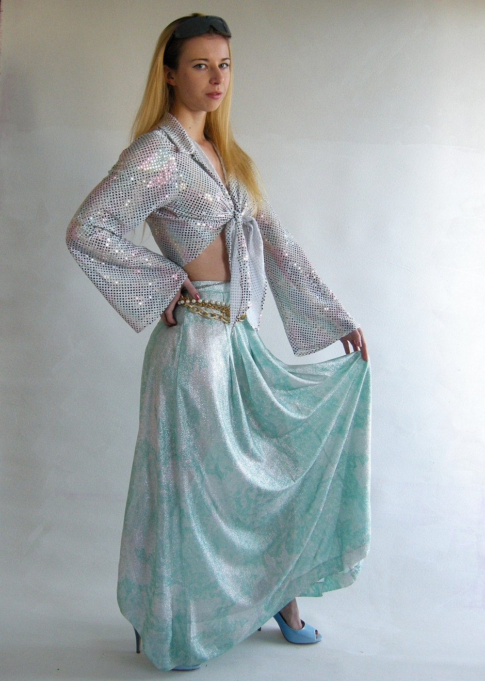 70s Vintage Maxi Skirt Sheer Silver Green S New by empressjade from etsy.com
