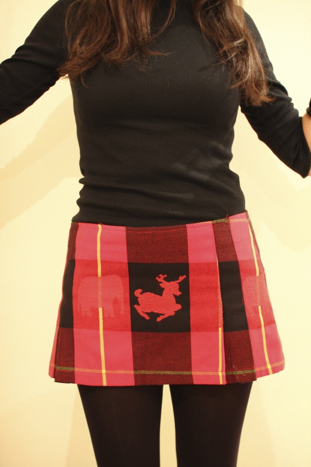 SALE SALE SALE (it was 25) red pleated mini skirt with deer and elephant apres ski