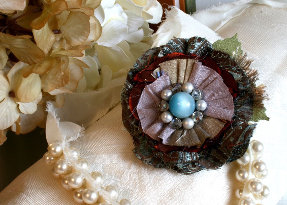 Fabric Flower Brooch in Lavender, Teal Blue and Ruby Red