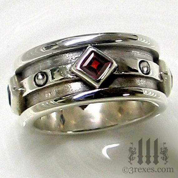 Mens Silver Moorish Gothic Wedding Ring Red Garnet Stone 