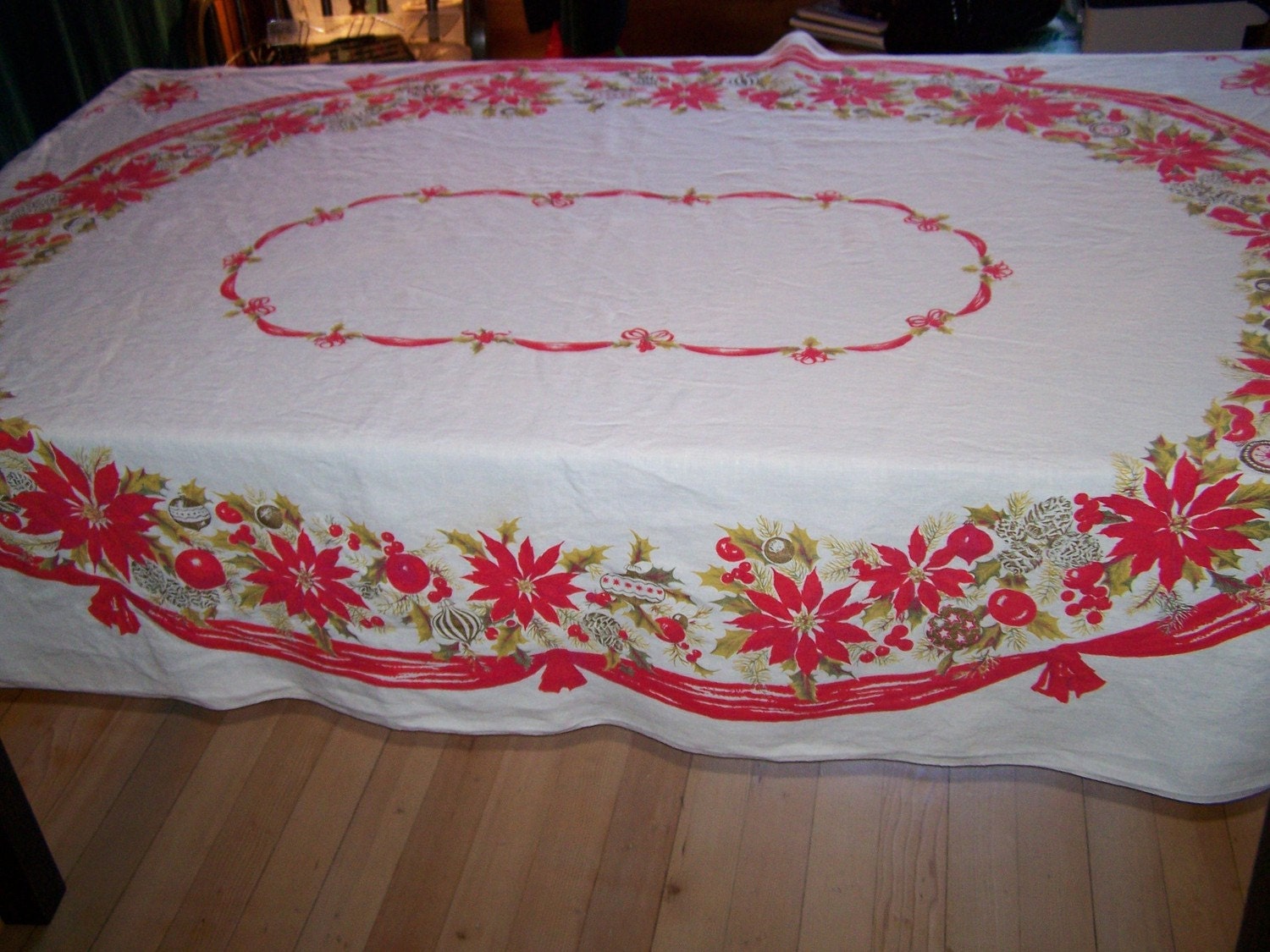 Vintage 60s Christmas Linen Table Cloth with Poinsettia  Design 48 x 62