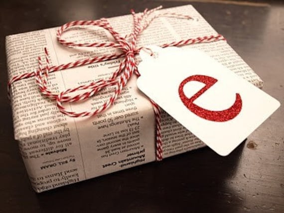 Monogram Large Christmas Gift Tags Personalized Red Glitter Set of 5