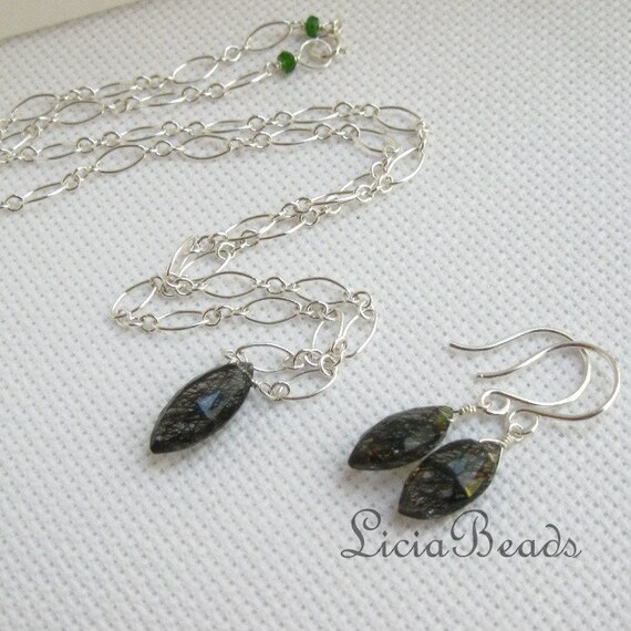 Slice of Life - Tourmalinated Quartz, emerald and sterling silver earring and necklace set